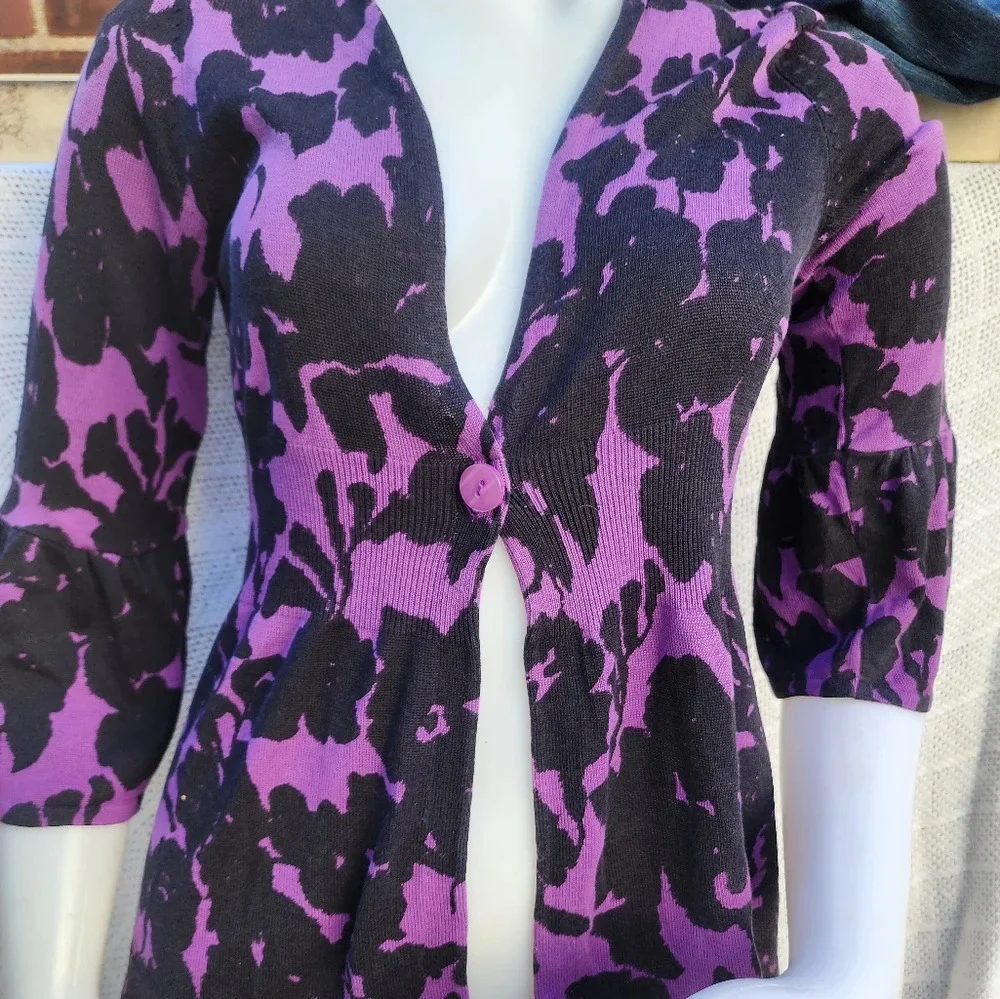INC International Concepts Purple Black Floral Bell Sleeve Cardigan Sweater Top